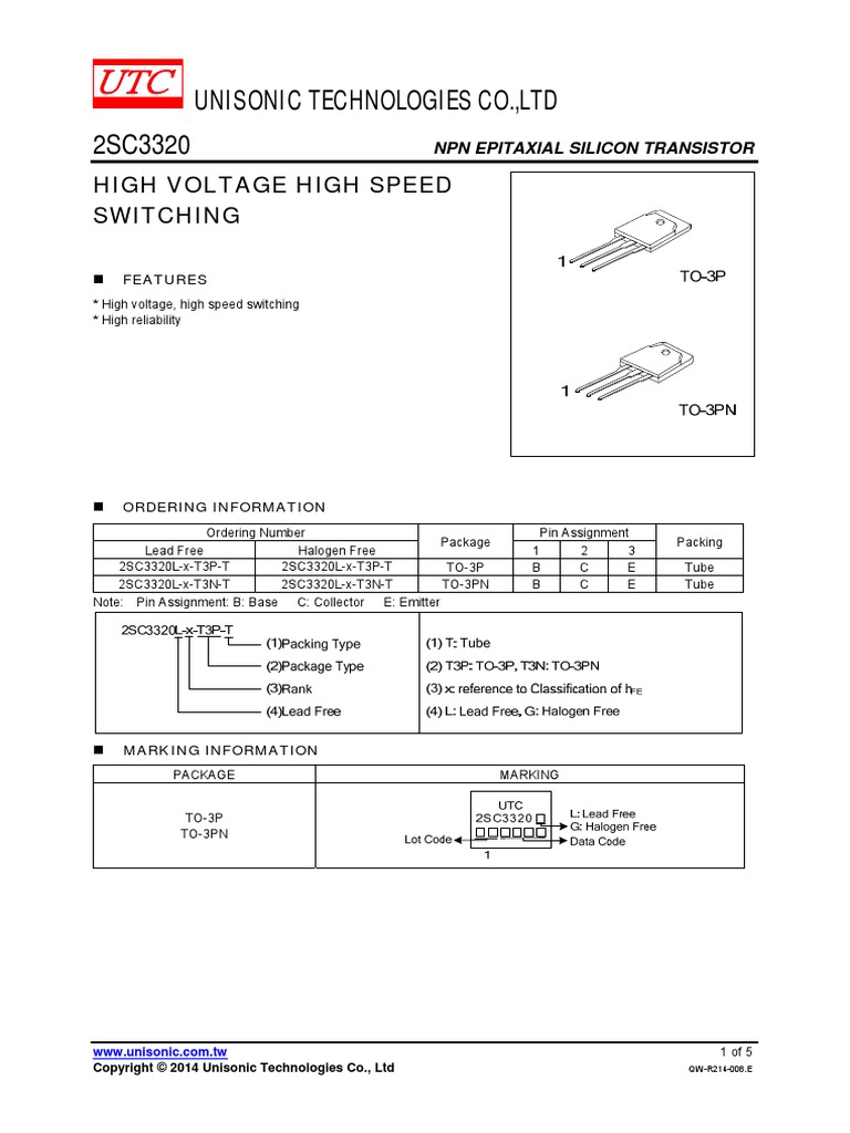 Unisonic Technologies Co.,Ltd High Voltage High Speed Switching PDF Bipolar Junction
