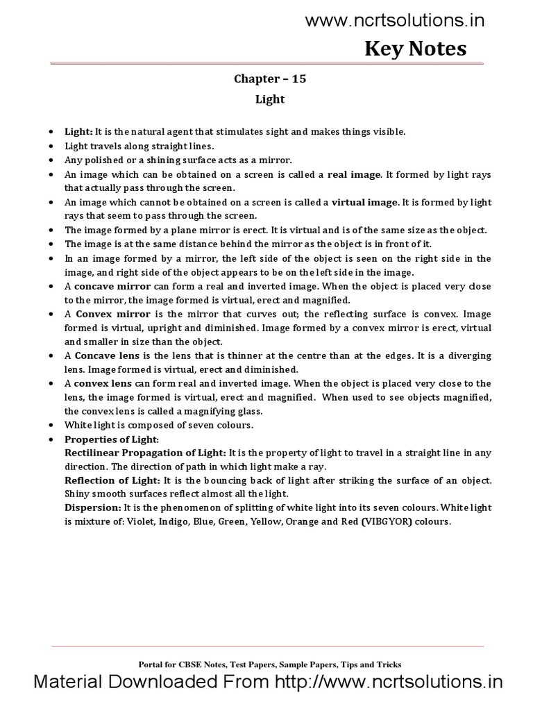 CBSE Light Chapter Summary | PDF | Mirror | Light