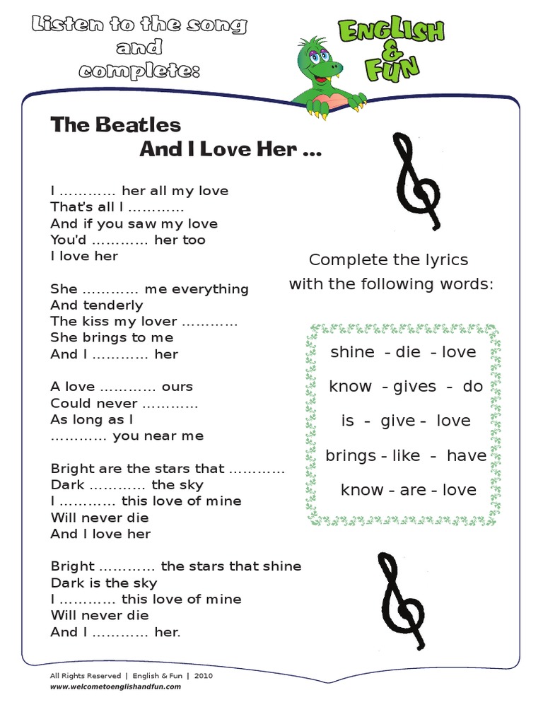 The Beatles and I Love Her Complete The Lyrics With The Following Words PDF The