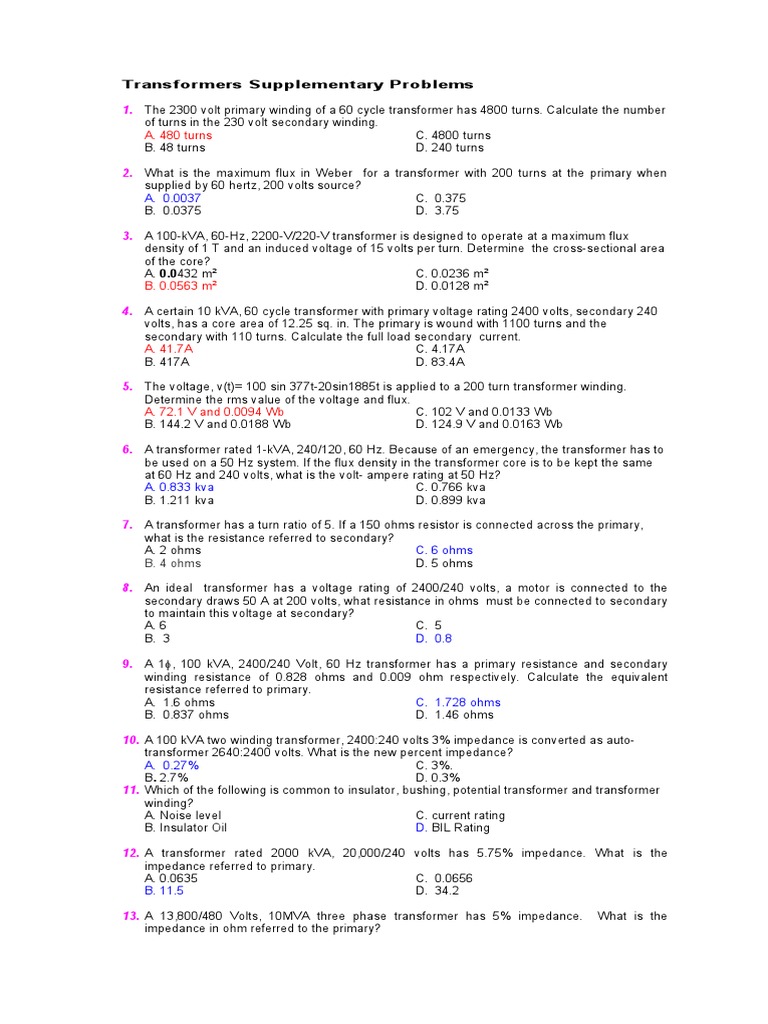 Transformer Problem Set and Solutions | PDF | Transformer | Electrical ...