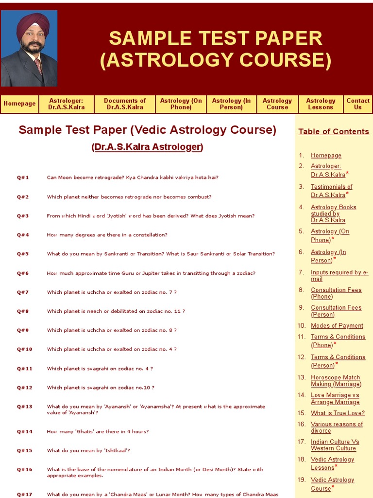 Sample Test Paper For Astrology Course in India PDF Hindu Astrology