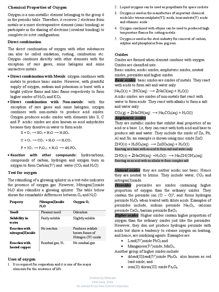 Chemical Properties of Oxygen Explained | PDF | Oxide | Oxygen