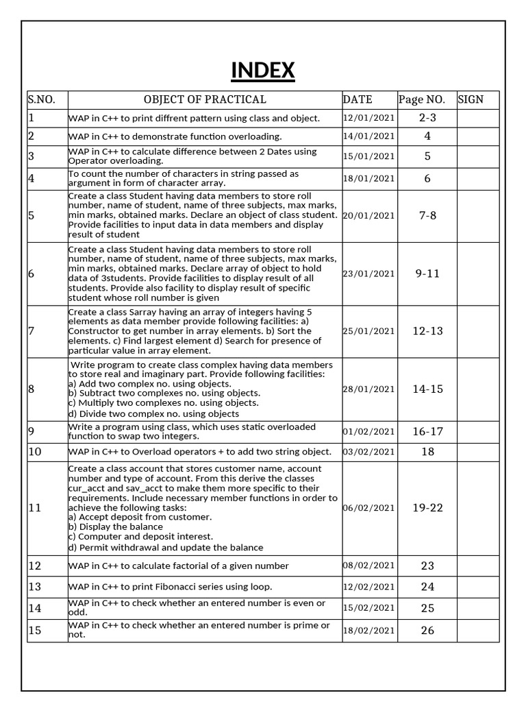 Index: S.NO. Object of Practical Date Page No. Sign 1 2-3 2 4 3 5 4 6 5 ...