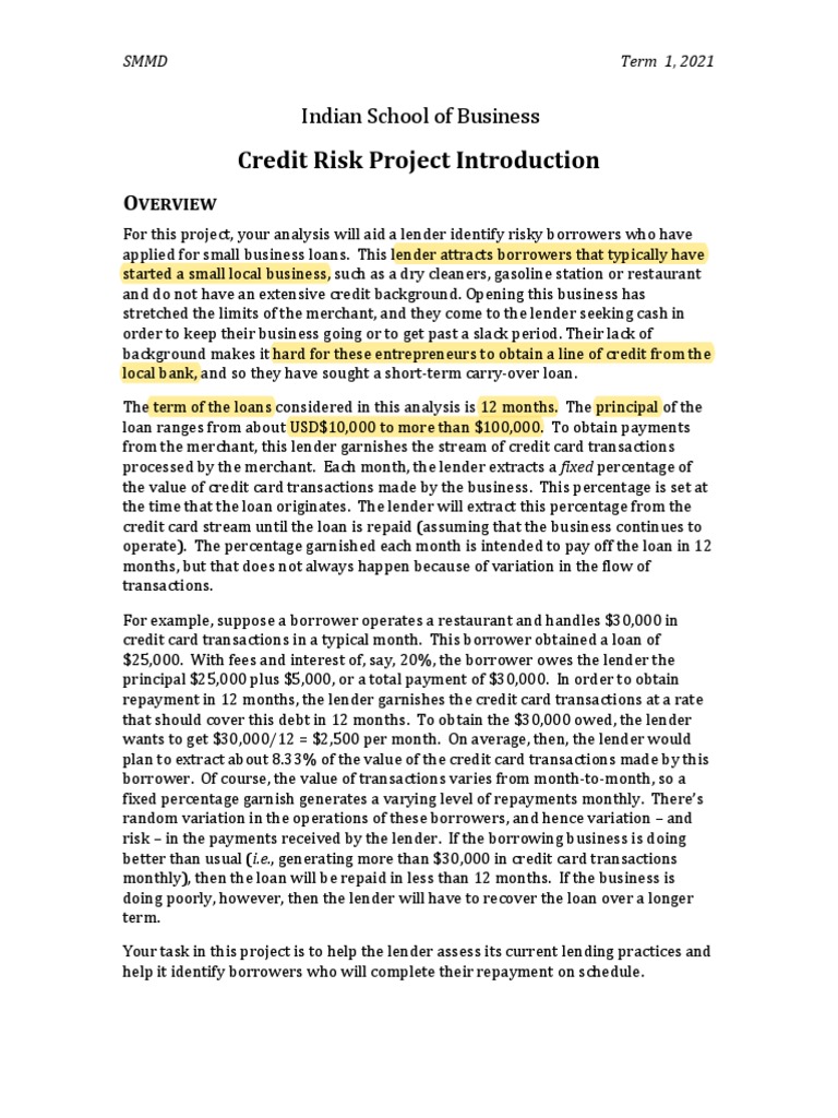 Credit Risk Project Introduction: Indian School of Business | PDF ...