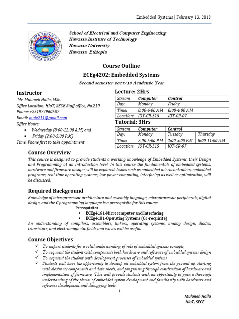 Course Outline Eceg4202: Embedded Systems Lecture: 2Hrs | Download Free ...