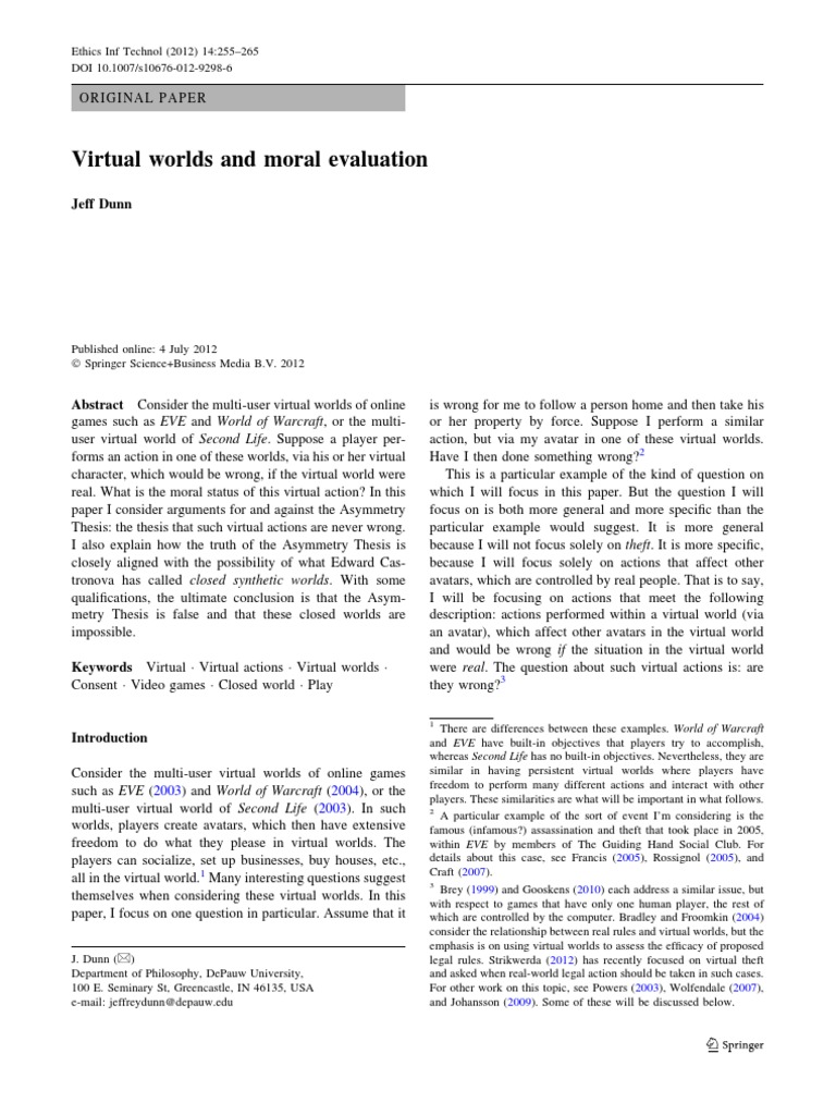 Morality of Actions in Virtual Worlds | PDF | Virtual World | Morality