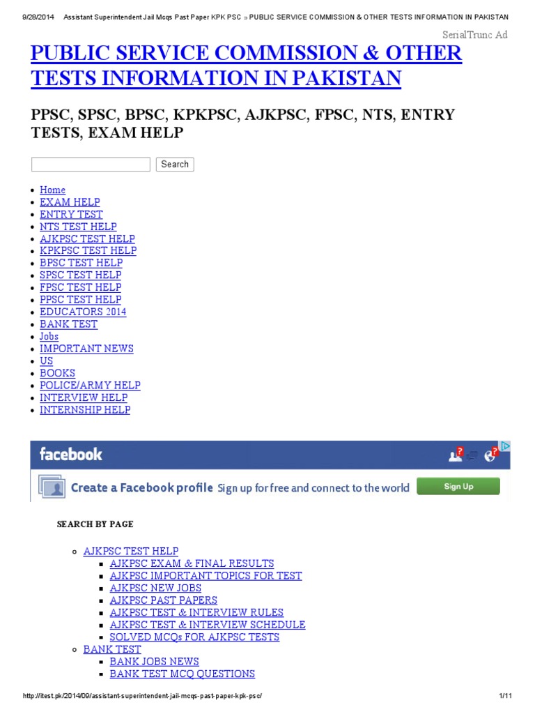 Assistant Superintendent Jail Mcqs Past Paper Kpk Psc Public Service