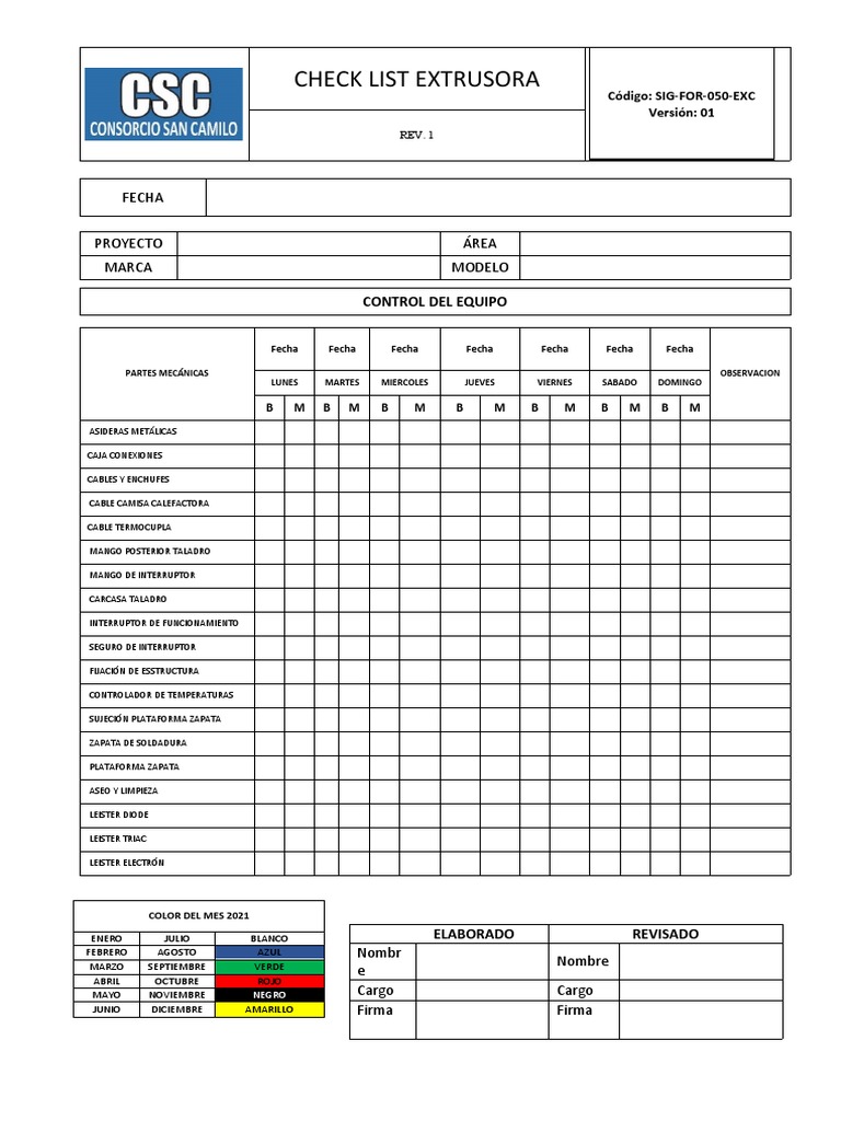 Checklist para Extrusora | PDF