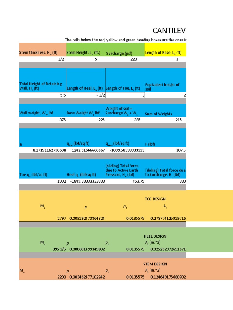 Cantilever Retaining Wall Design Sheet | PDF | Continuum Mechanics ...