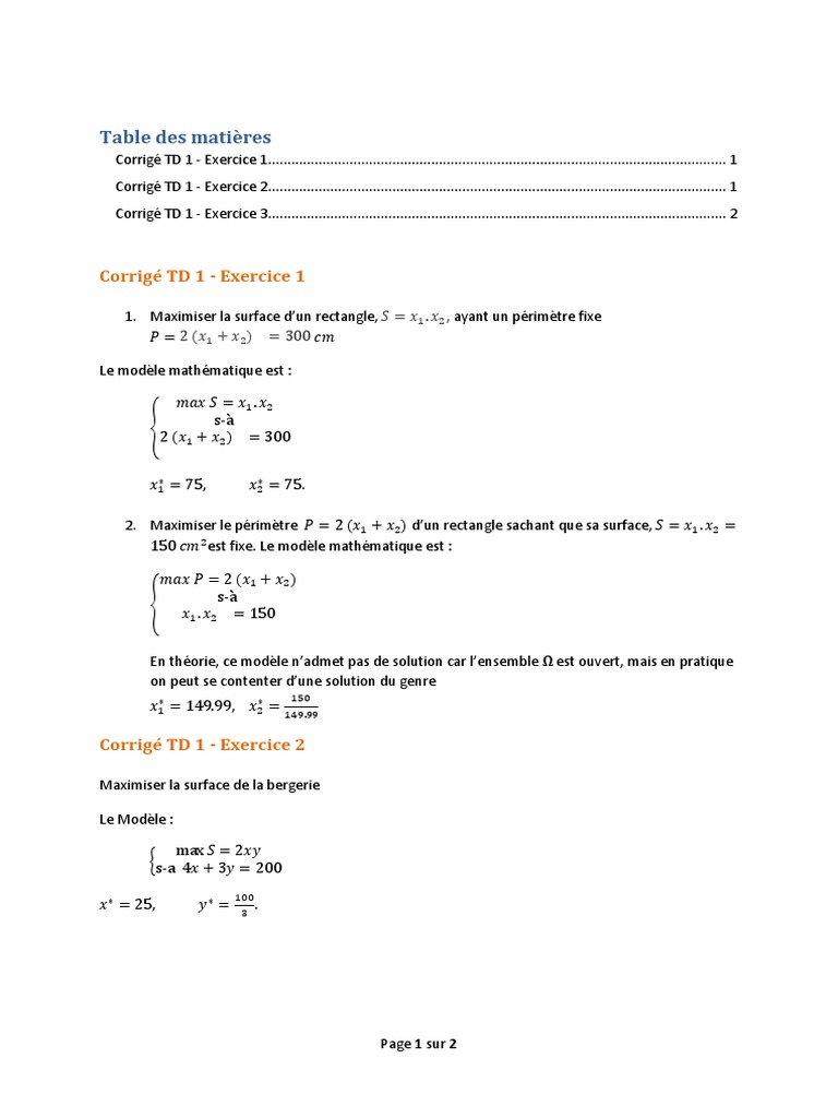 Corrigé TD1 Optimisation | PDF | Optimisation mathématique | Mathématiques