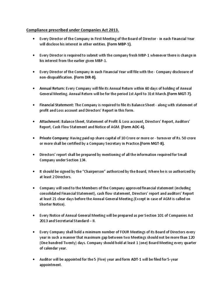 Compliance Prescribed Under Companies Act 2013 PDF Financial