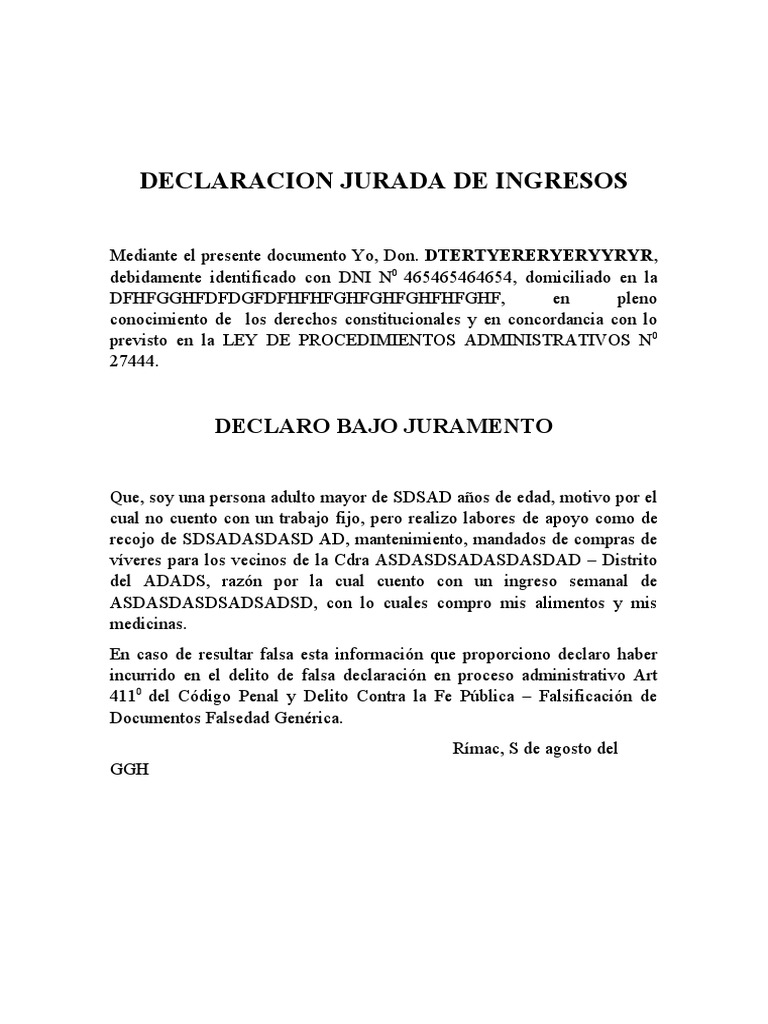 Declaracion Jurada de Ingresos | PDF