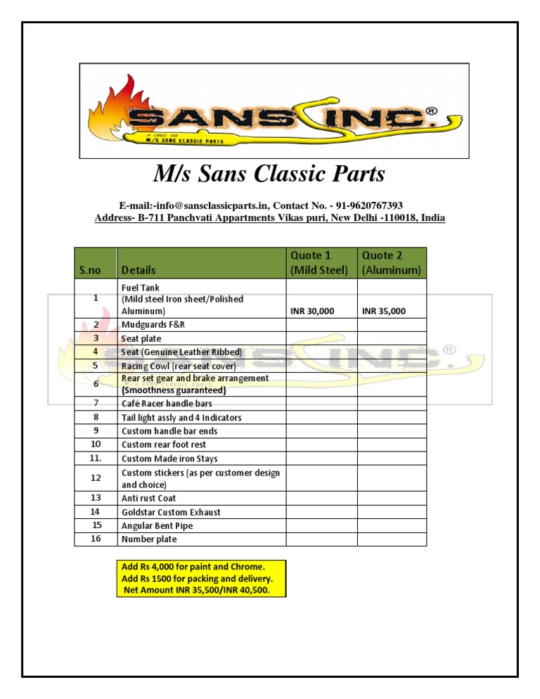Custom Motorcycle Parts Pricing List | PDF