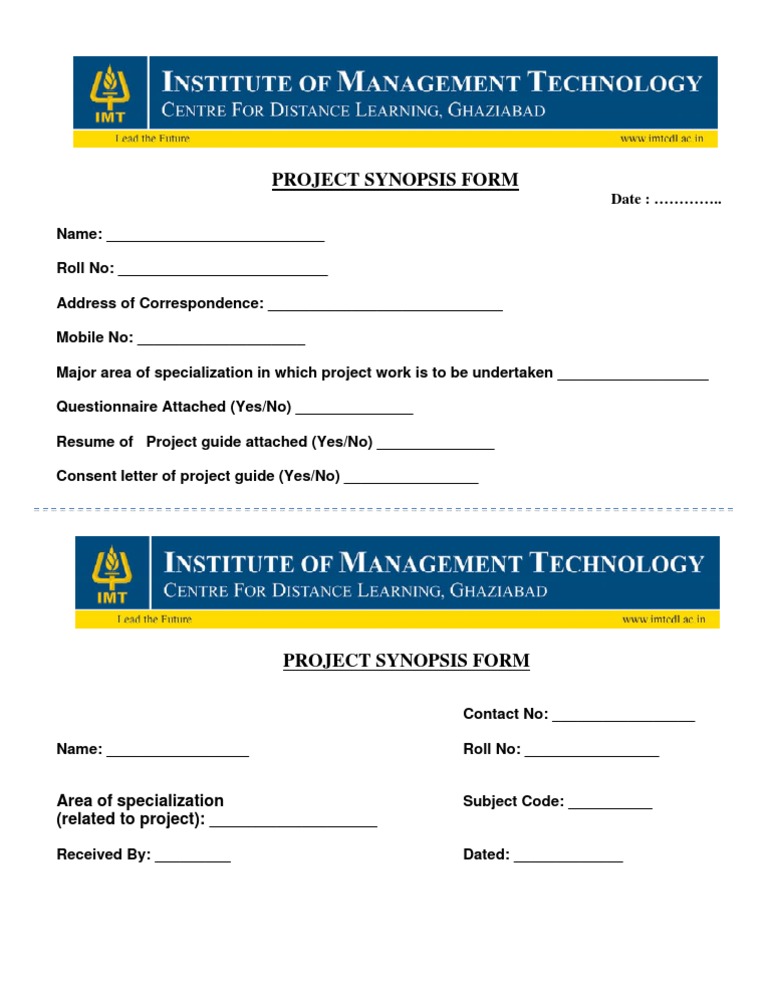 Project Synopsis Form: Area of Specialization (Related To Project ...