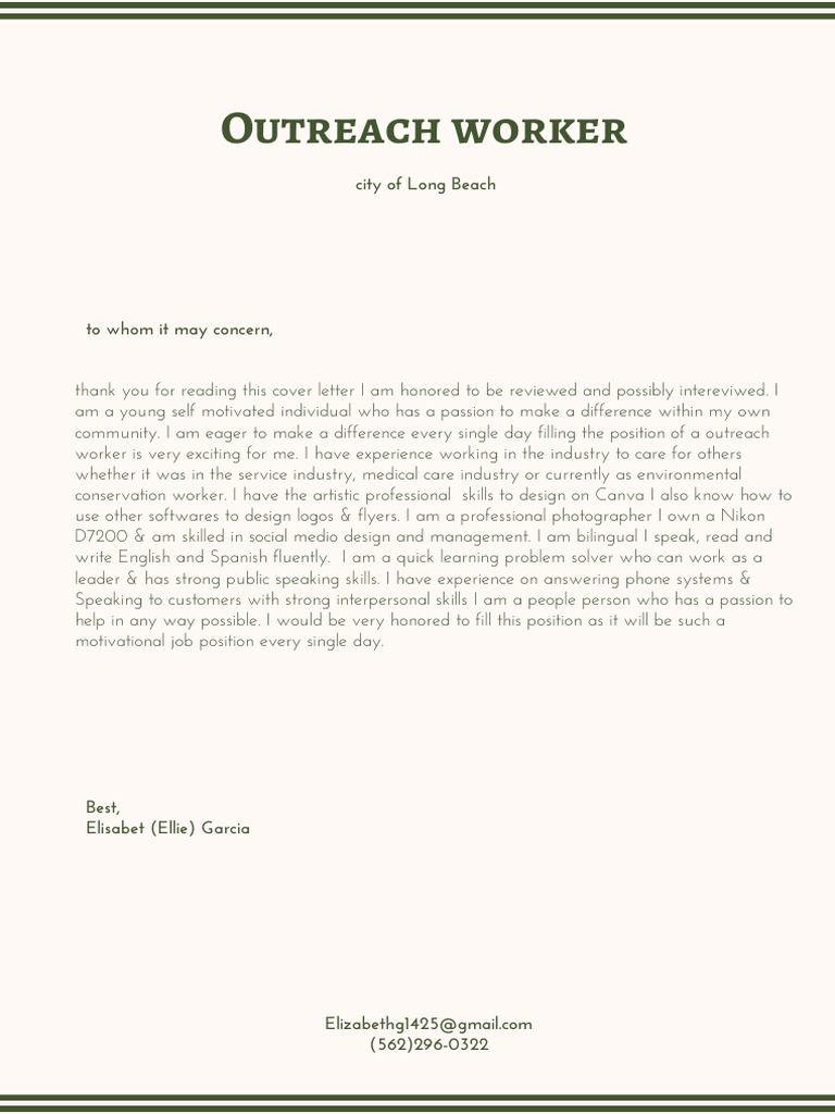 Cover Letter Outreach Worker PDF