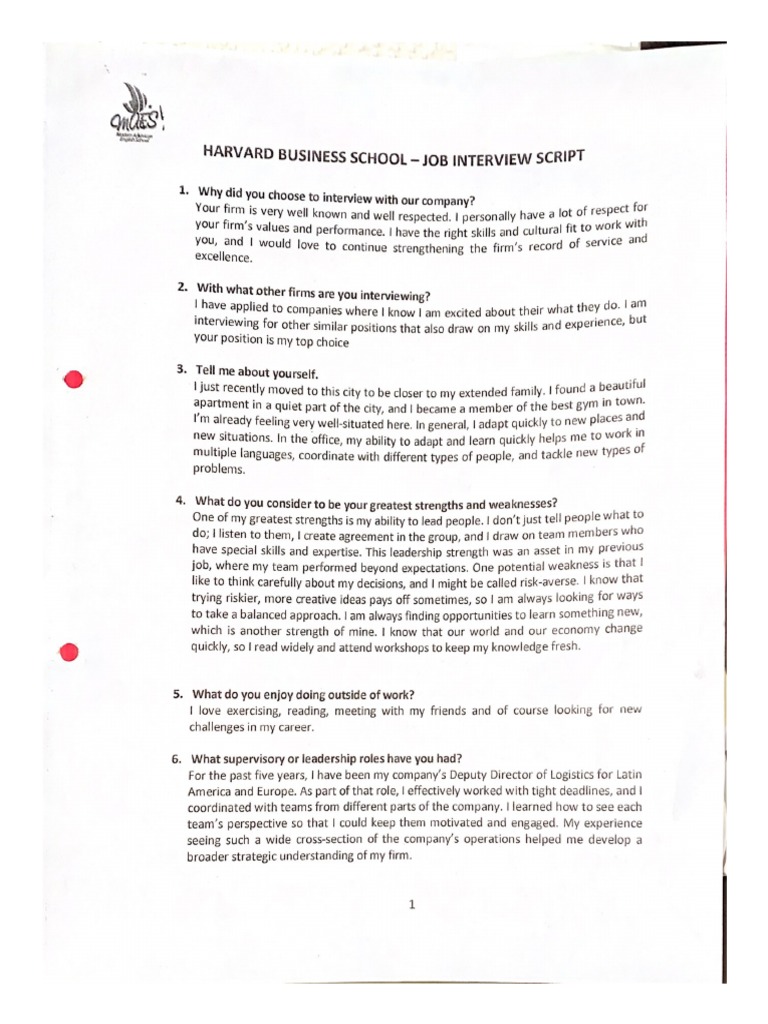 Harvard Business School Job Interview Script | PDF