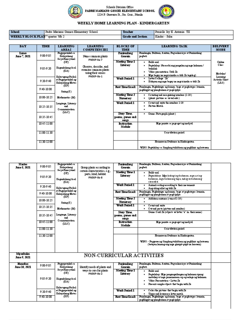 Weekly Home Learning Plan - Kindergarten | PDF | Communication | Cognition