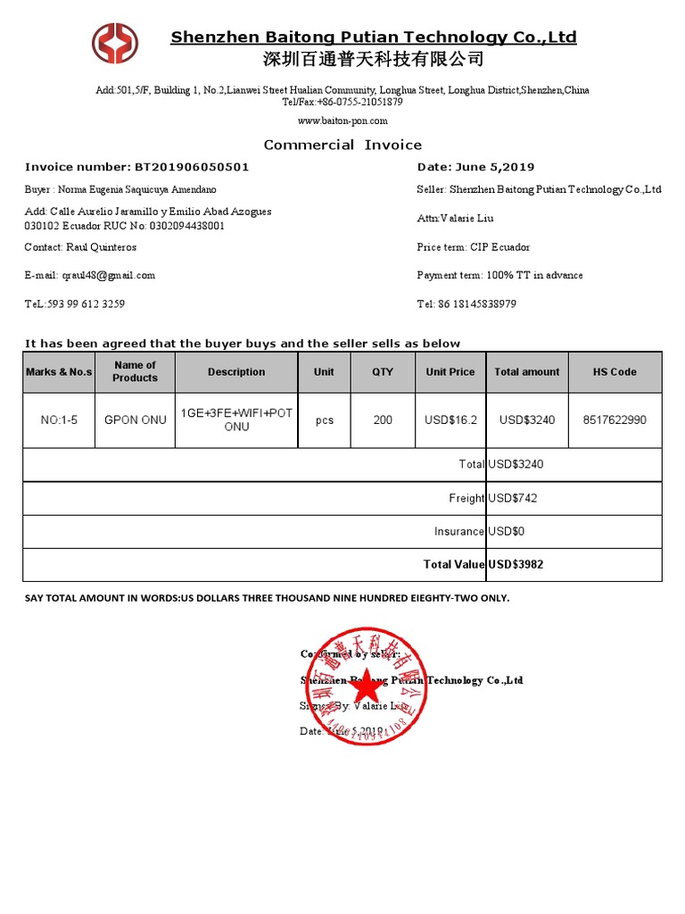 Shenzhen Baitong Putian Technology Co.,Ltd: Commercial Invoice | PDF ...