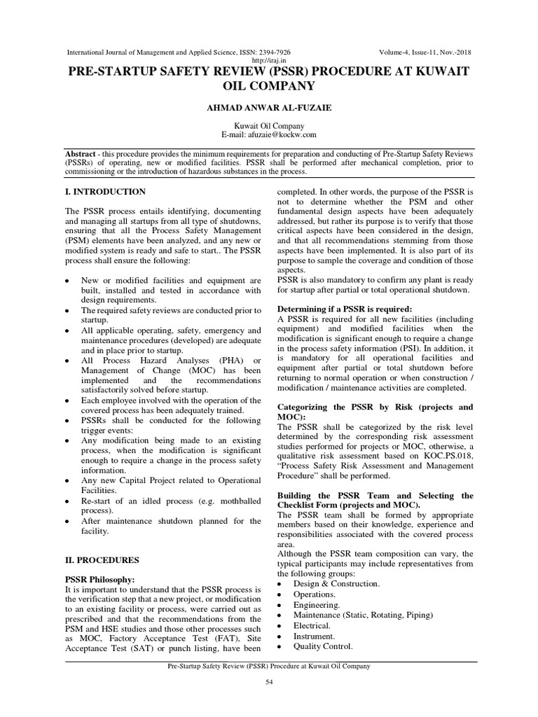 PSSR Procedure at Kuwait Oil Company | PDF | Risk Assessment | Risk
