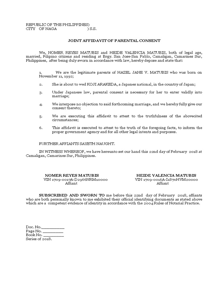 Joint Affidavit of Parental Consent | PDF