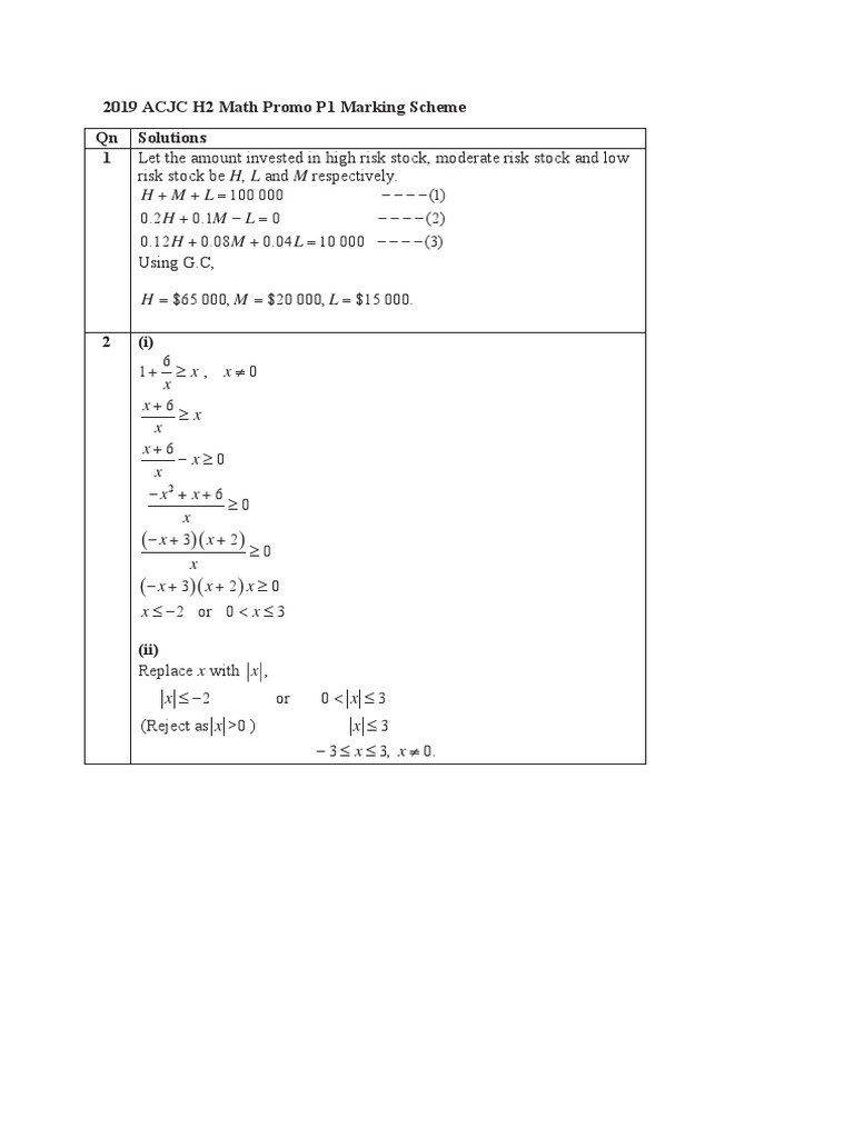 2019 JC1 H2 Math (Promotion Exam) Anglo Chinese Junior College Answer ...