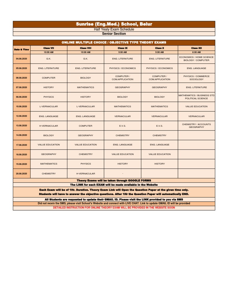 Schedule of online multiple choice theory exams for senior section