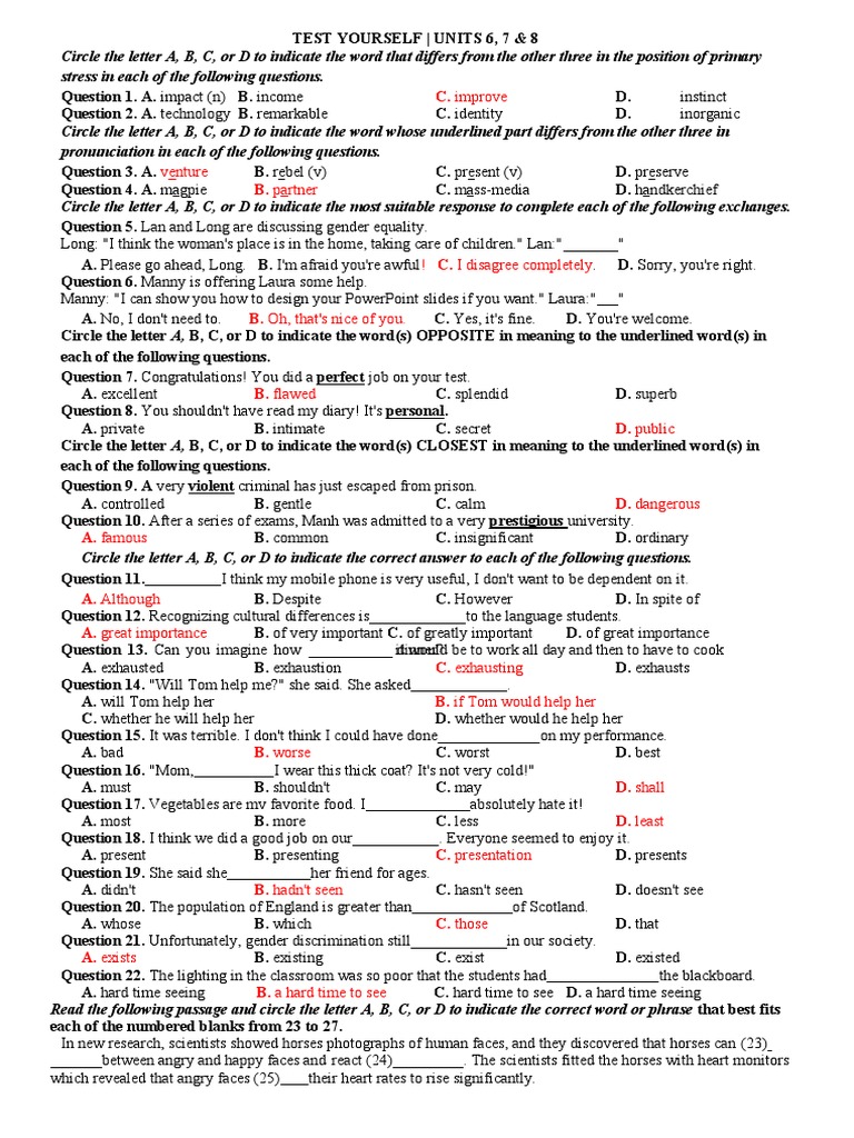 7.1. Test Yourself Units 6 7 8 | PDF | Psychotherapy
