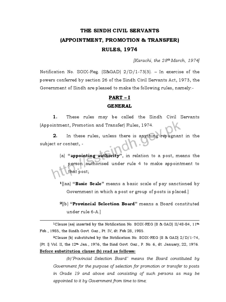 The Sindh Civil Servants (Appointment Promotion & Transfer) Rules 1974