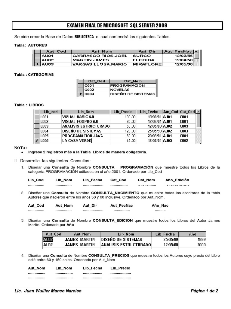 Examen Final SQL Server 2008 | PDF | Informática | Bases de datos