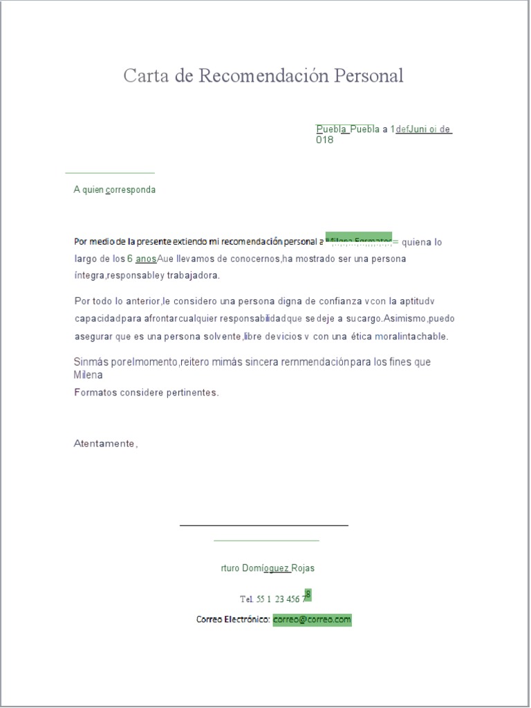 Carta de Recomendación Personal en Word | PDF