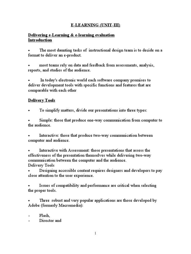 E-Learning (Unit-Iii) Delivering E-Learning & E-Learning Evaluation ...