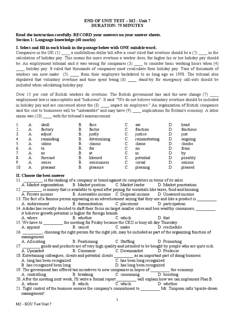 Unit 7 Language Knowledge Test | PDF | Overtime | Economic Growth