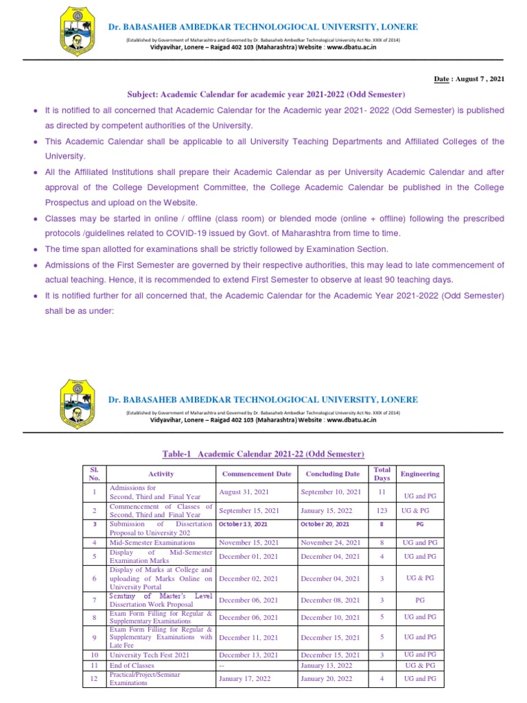 Dbatu - Academic - Calender-2021 - 22 Revised Ug and PG Engineering
