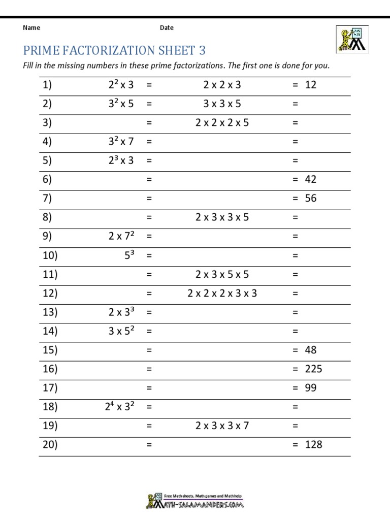 6th Grade Prime Factorization Worksheet | PDF