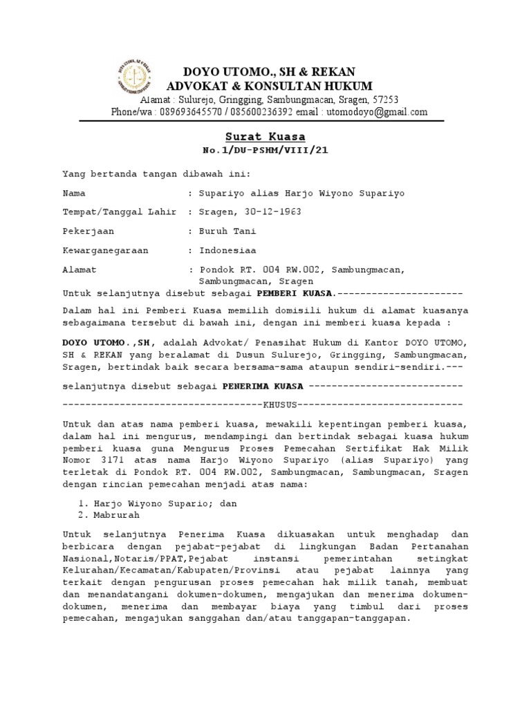 Template Surat Kuasa Kasus Perdata | PDF