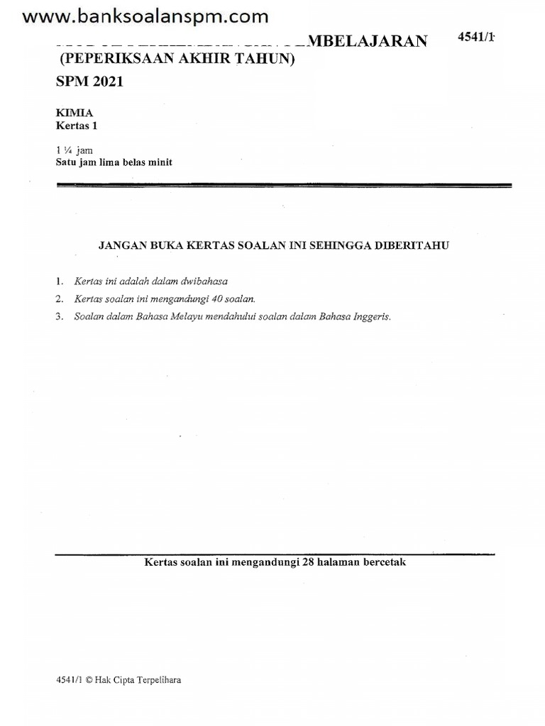 Kimia Kertas 1 Pep Tov Spm Terengganu 2021 Pdf
