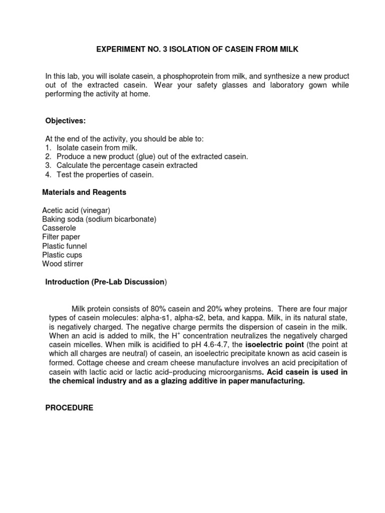 Isolation and Characterization of Casein from Milk PDF Milk Acid