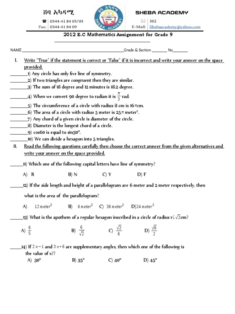 Mathematics Assignment For Grade 9 | PDF | Area | Triangle