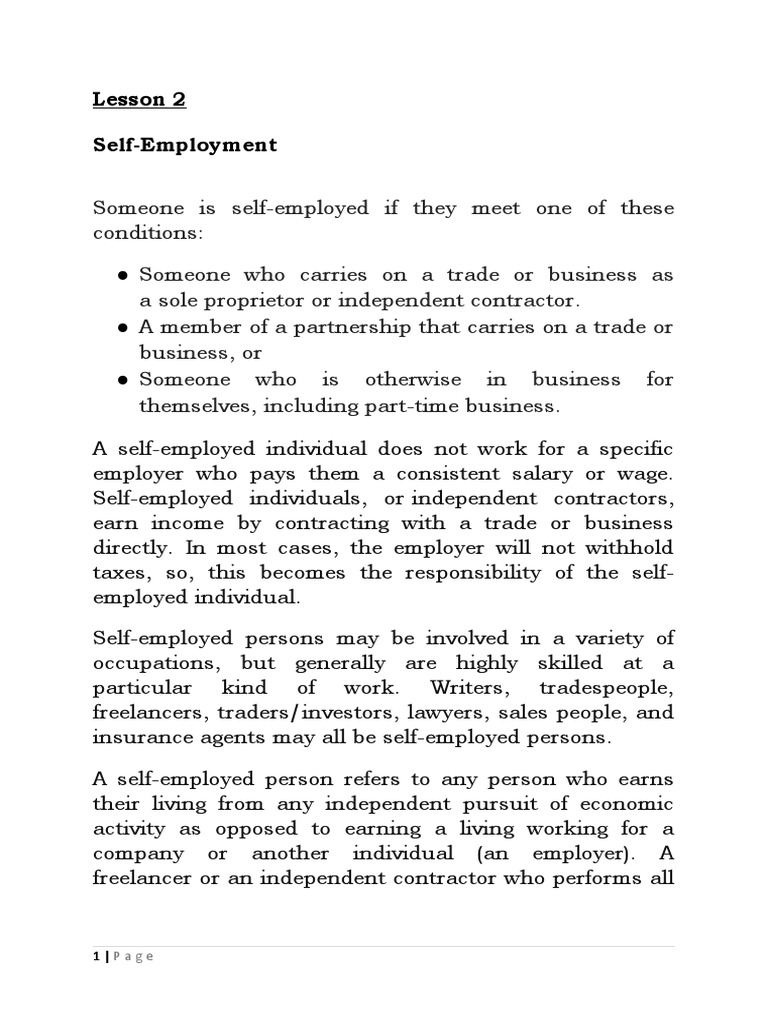 Lesson Ii - Self-Employment | PDF | Self Employment | Small Business &  Entrepreneurs