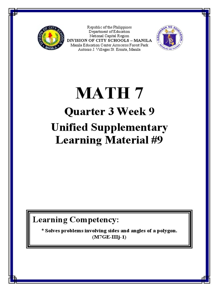 Math 7 Quarter 3 Week 9 Unified Supplementary Learning Material 9