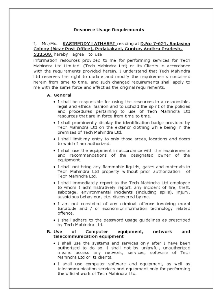 Resource Usage Requirements - New | PDF | Internet | Indemnity