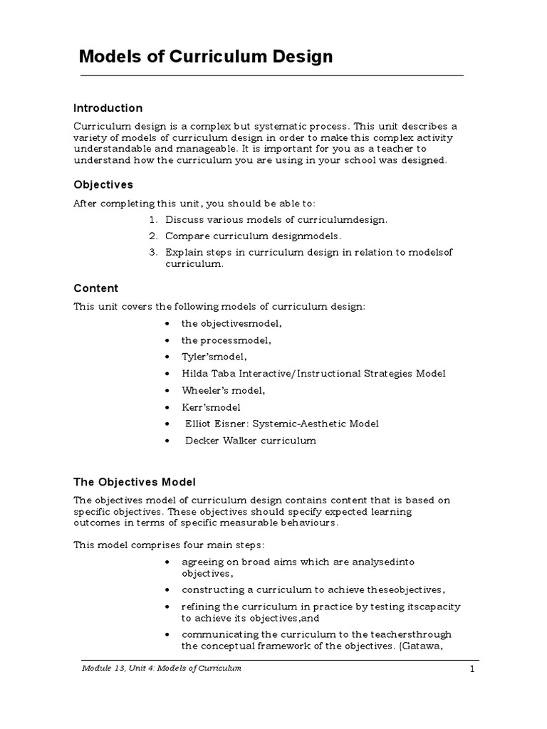 Curriculum Design Models Overview | PDF | Curriculum | Evaluation