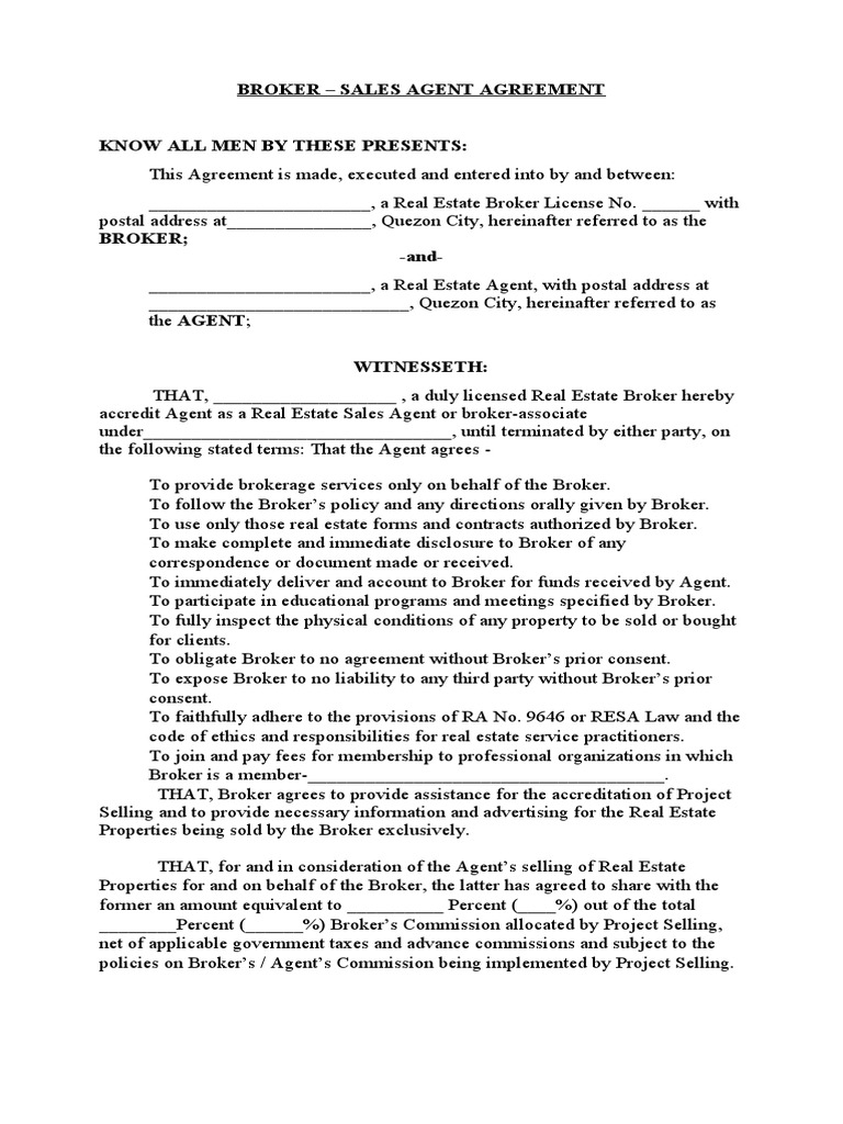 Broker-Sales Agent Agreement Template | PDF | Real Estate Broker ...