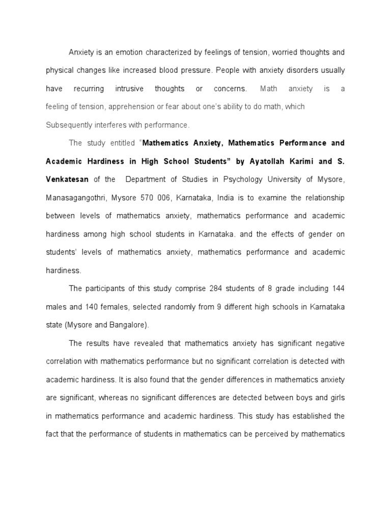 Math Anxiety and Student Performance | PDF | Anxiety | Psychiatry ...