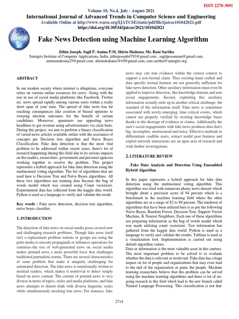Fake News Detection Using Machine Learning Algorithm | PDF | Machine ...
