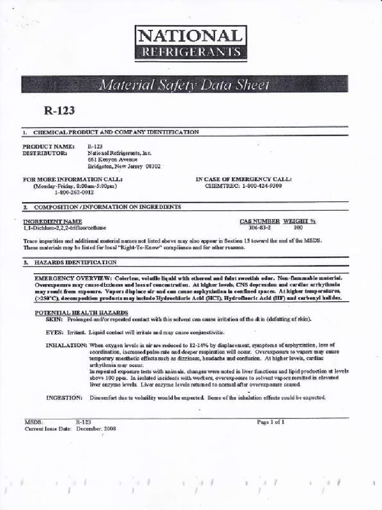 R-123 Safety Data Sheet Overview | PDF | Chemistry | Occupational ...
