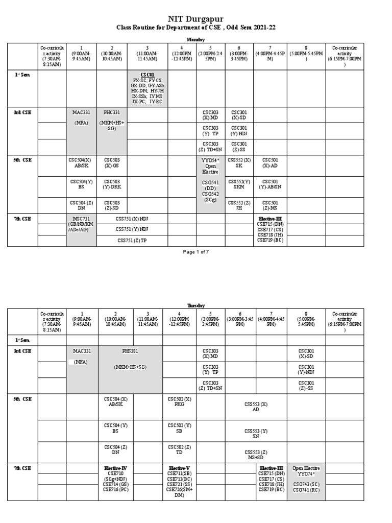 NIT Durgapur CSE Class Routine 2021-22 | PDF