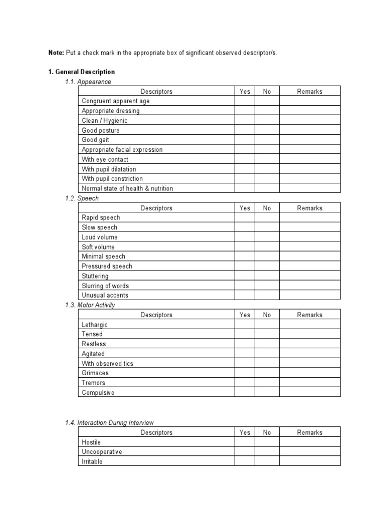 Mental Status Exam Checklist | PDF | Cognitive Science | Emotions
