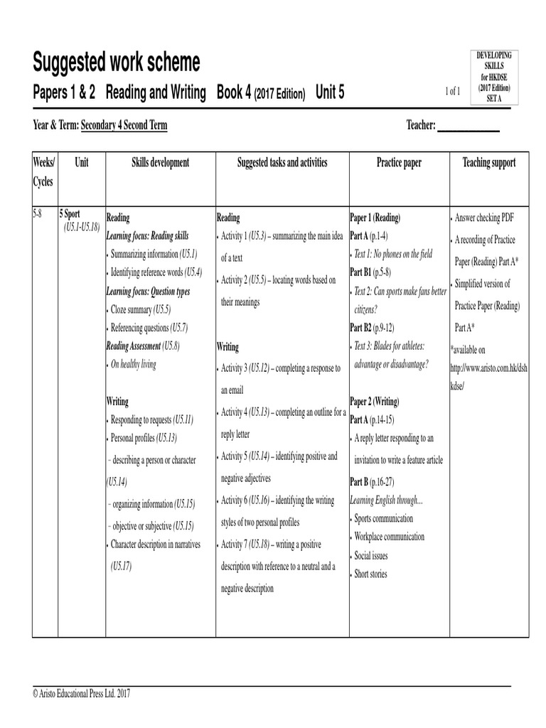 Suggested Work Scheme: Papers 1 & 2 Reading and Writing Book 4 Unit 5