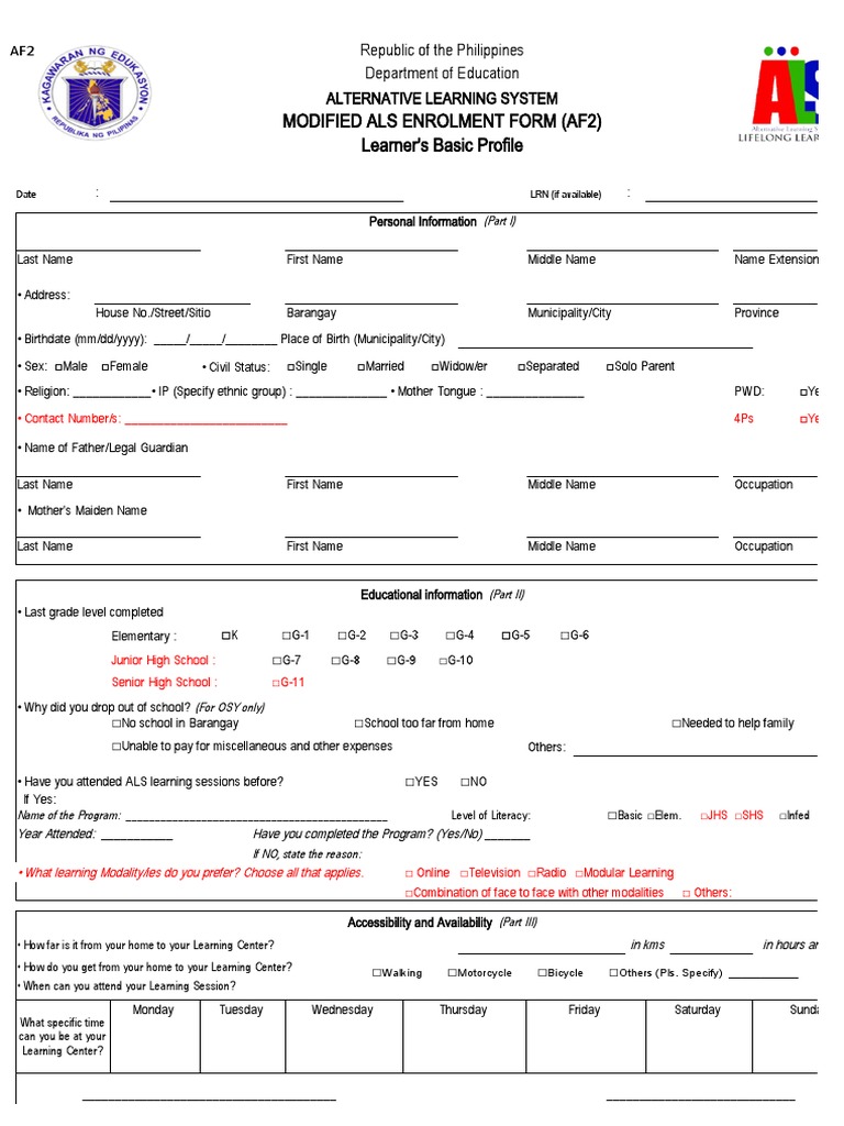 Modified Als Enrolment Form (Af2) Learner's Basic Profile | PDF ...